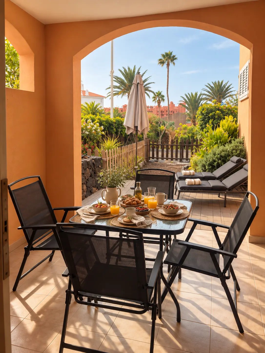 Terraza de Mango bajo el arco, con mesa y vistas al jardín